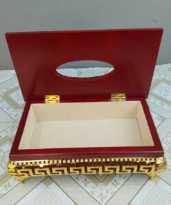 Wooden Tissue Box with Elevated Gold Greek Key Stand