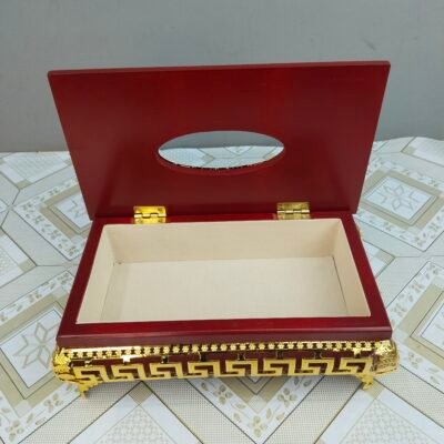 Wooden Tissue Box with Elevated Gold Greek Key Stand