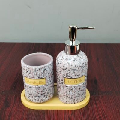 Vintage Terrazzo Mosaic Ceramic Bathroom Accessories Set with Soap Dispenser and Bamboo Tray