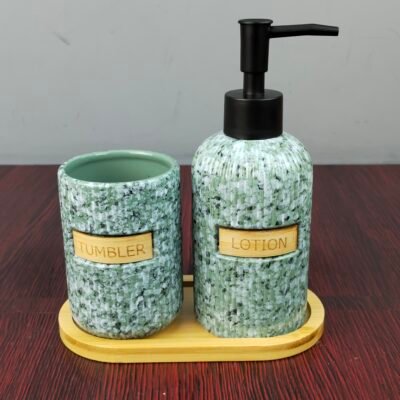 Vintage Terrazzo Mosaic Ceramic Bathroom Accessories Set with Soap Dispenser and Bamboo Tray