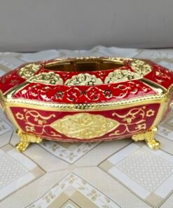 Ornate Vintage Red & Gold Metal Tissue Box with Feet