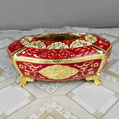 Ornate Vintage Red & Gold Metal Tissue Box with Feet