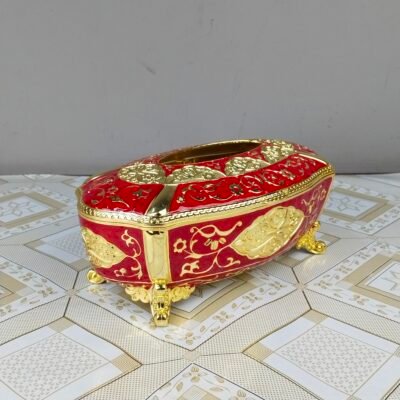 Ornate Vintage Red & Gold Metal Tissue Box with Feet