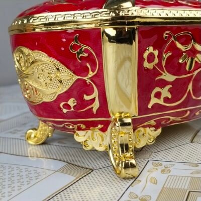 Ornate Vintage Red & Gold Metal Tissue Box with Feet