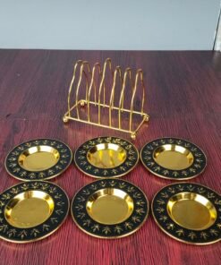 Gold and Black Ornate Leaf Motif Mini Serving Plate Set with Display Stand Gold and Black Ornate Leaf Motif Mini Serving Plate Set with Display Stand