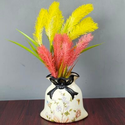 Vintage Floral Bell-Shaped Ceramic Vase with Bow Accent