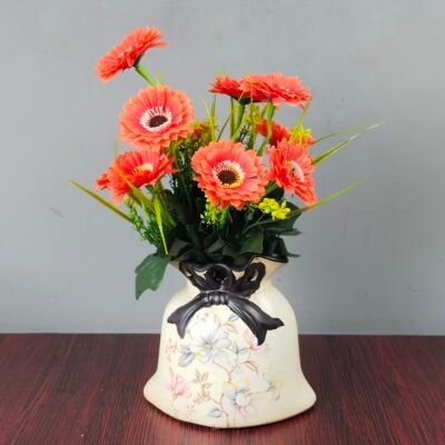 Vintage Floral Bell-Shaped Ceramic Vase with Bow Accent