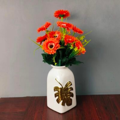 Luxury White Ceramic Vase with Metallic Gold Leaf Motif
