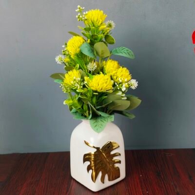 Luxury White Ceramic Vase with Metallic Gold Leaf Motif