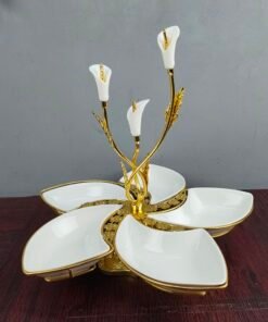 Luxury 5 Compartment Ceramic Serving Tray with Gold Calla Lily Centerpiece Dry Fruit and Snack Platter