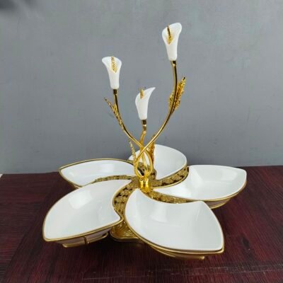 Luxury 5 Compartment Ceramic Serving Tray with Gold Calla Lily Centerpiece Dry Fruit and Snack Platter