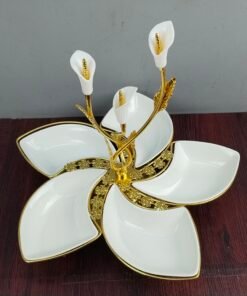 Luxury 5 Compartment Ceramic Serving Tray with Gold Calla Lily Centerpiece Dry Fruit and Snack Platter