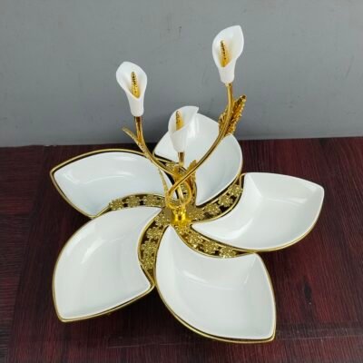 Luxury 5 Compartment Ceramic Serving Tray with Gold Calla Lily Centerpiece Dry Fruit and Snack Platter
