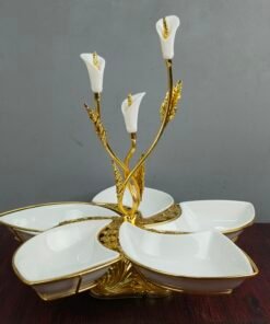 Luxury 5 Compartment Ceramic Serving Tray with Gold Calla Lily Centerpiece Dry Fruit and Snack Platter
