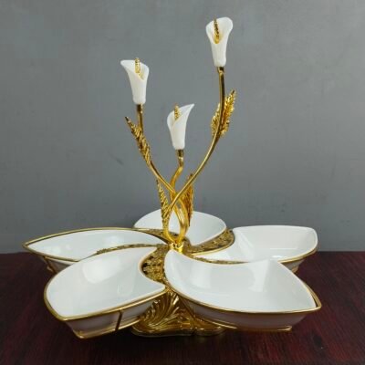 Luxury 5 Compartment Ceramic Serving Tray with Gold Calla Lily Centerpiece Dry Fruit and Snack Platter