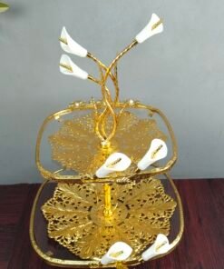 Luxury 2Tier Square Glass Dessert Stand with Golden Calla Lily Centerpiece Decorative Fruit and Pastry Platter