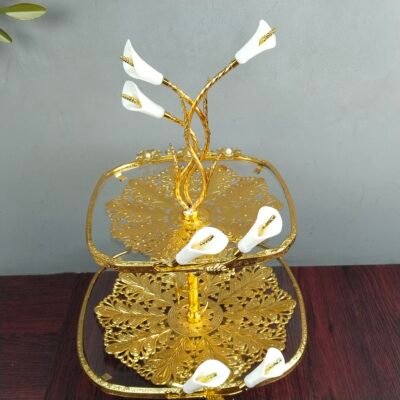 Luxury 2Tier Square Glass Dessert Stand with Golden Calla Lily Centerpiece Decorative Fruit and Pastry Platter