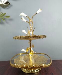 Luxury 2Tier Square Glass Dessert Stand with Golden Calla Lily Centerpiece Decorative Fruit and Pastry Platter
