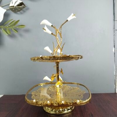 Luxury 2Tier Square Glass Dessert Stand with Golden Calla Lily Centerpiece Decorative Fruit and Pastry Platter