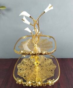 Luxury 2Tier Square Glass Dessert Stand with Golden Calla Lily Centerpiece Decorative Fruit and Pastry Platter
