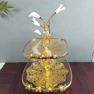 Luxury 2Tier Square Glass Dessert Stand with Golden Calla Lily Centerpiece Decorative Fruit and Pastry Platter