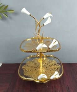 Luxury 2Tier Square Glass Dessert Stand with Golden Calla Lily Centerpiece Decorative Fruit and Pastry Platter