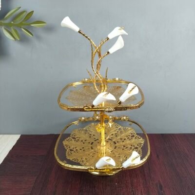 Luxury 2Tier Square Glass Dessert Stand with Golden Calla Lily Centerpiece Decorative Fruit and Pastry Platter