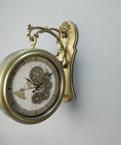 Antique Brushed Brass Double Sided Station Wall Clock Vintage World Map Dial with Exposed Gear Design