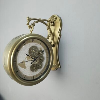 Antique Brushed Brass Double Sided Station Wall Clock Vintage World Map Dial with Exposed Gear Design
