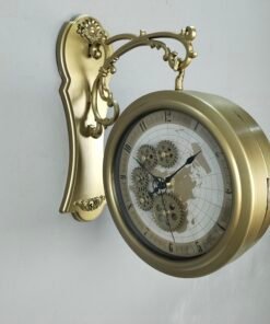 Antique Brushed Brass Double Sided Station Wall Clock Vintage World Map Dial with Exposed Gear Design
