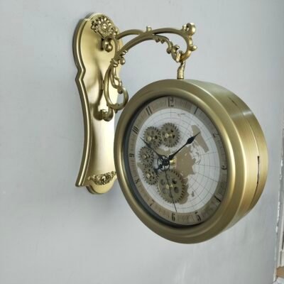 Antique Brushed Brass Double Sided Station Wall Clock Vintage World Map Dial with Exposed Gear Design