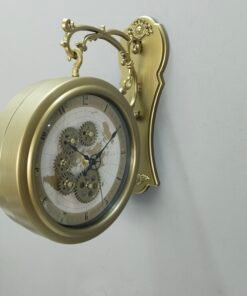 Antique Brushed Brass Double Sided Station Wall Clock Vintage World Map Dial with Exposed Gear Design