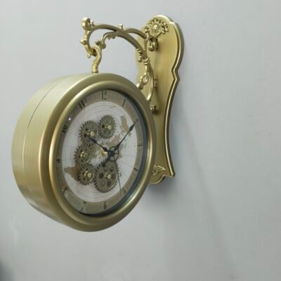 Antique Brushed Brass Double Sided Station Wall Clock Vintage World Map Dial with Exposed Gear Design