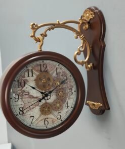 Vintage Double Sided Station Wall Clock Antique World Map Dial with Exposed Gear Design Vintage Double Sided Station Wall Clock Antique World Map Dial with Exposed Gear Design