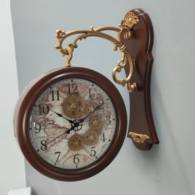 Vintage Double Sided Station Wall Clock Antique World Map Dial with Exposed Gear Design Vintage Double Sided Station Wall Clock Antique World Map Dial with Exposed Gear Design