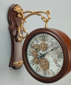 Vintage Double Sided Station Wall Clock Antique World Map Dial with Exposed Gear Design Vintage Double Sided Station Wall Clock Antique World Map Dial with Exposed Gear Design
