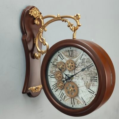Vintage Double Sided Station Wall Clock Antique World Map Dial with Exposed Gear Design Vintage Double Sided Station Wall Clock Antique World Map Dial with Exposed Gear Design