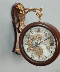 Vintage Double Sided Station Wall Clock Antique World Map Dial with Exposed Gear Design Vintage Double Sided Station Wall Clock Antique World Map Dial with Exposed Gear Design