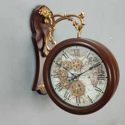 Vintage Double Sided Station Wall Clock Antique World Map Dial with Exposed Gear Design Vintage Double Sided Station Wall Clock Antique World Map Dial with Exposed Gear Design