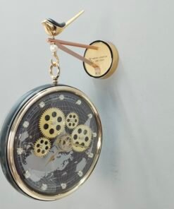 Modern Luxury Bird Perch Wall Clock Steampunk Moving Gear and World Map Hanging Clock