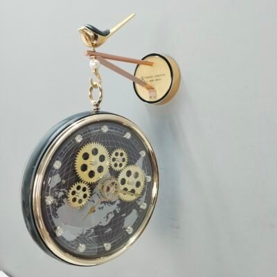 Modern Luxury Bird Perch Wall Clock Steampunk Moving Gear and World Map Hanging Clock