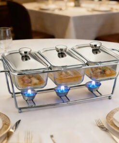3 Bowl Glass Buffet Food Warmer and Chafing Dish Set