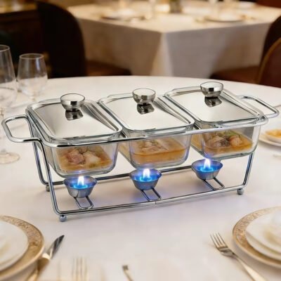 3 Bowl Glass Buffet Food Warmer and Chafing Dish Set