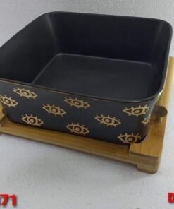 Luxury Matte Black Ceramic Square Serving Bowl with Natural Wooden Base Luxury Matte Black Ceramic Square Serving Bowl with Natural Wooden Base