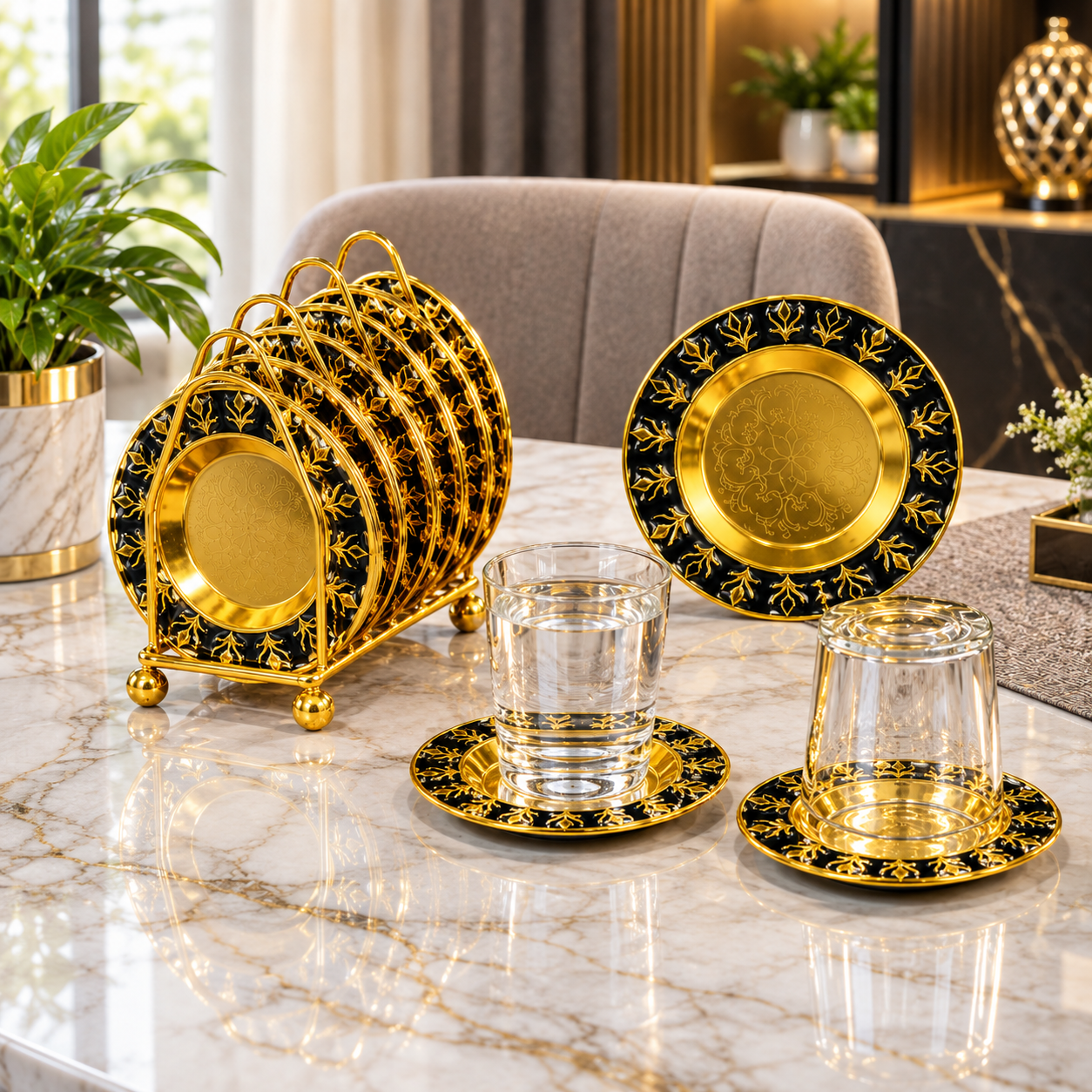 Gold and Black Ornate Leaf Motif Mini Serving Plate Set Gold and Black Ornate Leaf Motif Mini Serving Plate Set