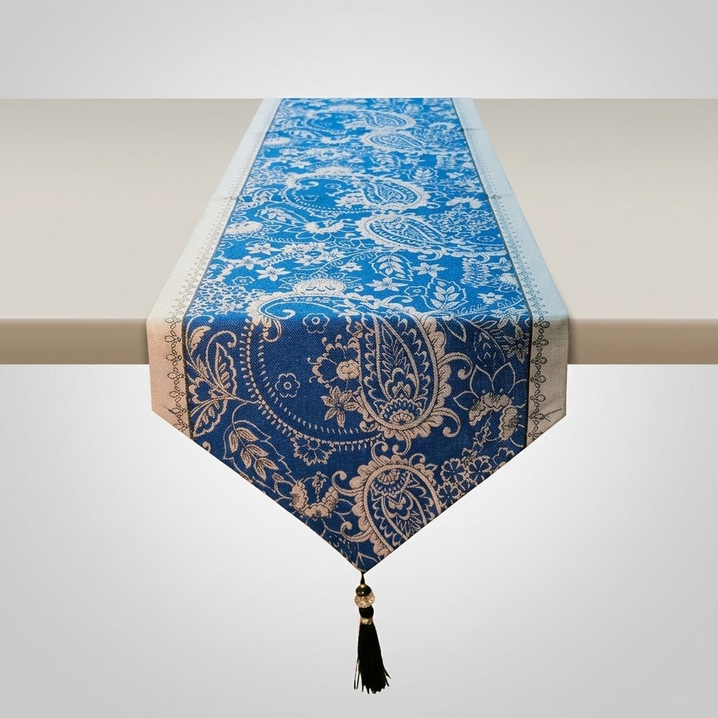 Royal Paisley Floral Jacquard Table Runner Royal Blue and Silver White Royal Paisley Floral Jacquard Table Runner Royal Blue and Silver White