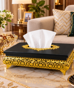 Premium Black Wooden Tissue Box with Elevated Gold Lattice Base