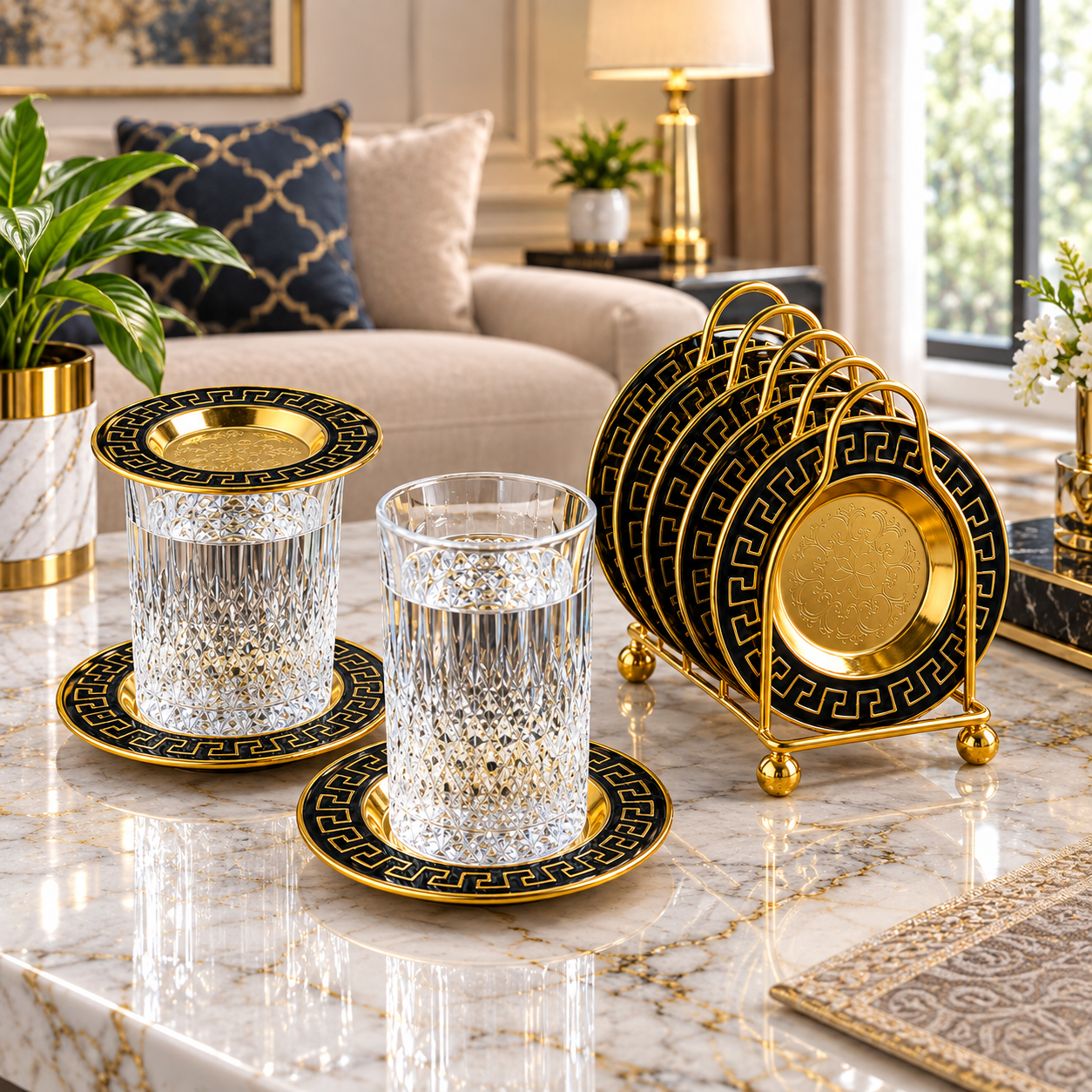 Black and Gold Greek Key Pattern Mini Serving Plate Set Black and Gold Greek Key Pattern Mini Serving Plate Set