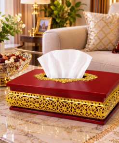 Premium Wooden Tissue Box with Floral Star Gold Lattice Trim