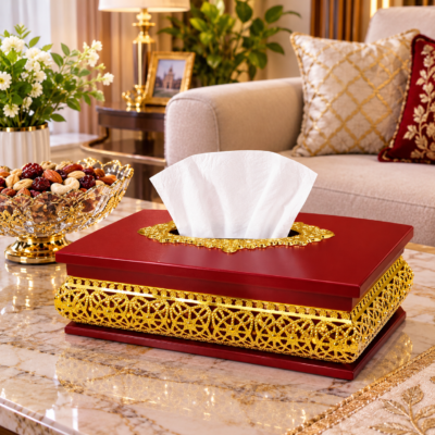 Premium Wooden Tissue Box with Floral Star Gold Lattice Trim